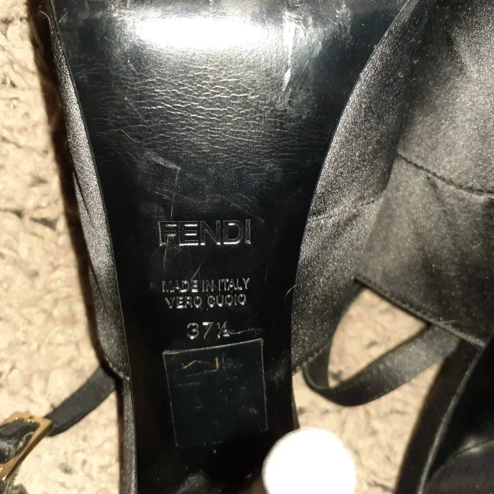 FENDI-Black Satin Peep Toe Platform Slingback Sandals-Sz 37.5-Excellent - Picture 8 of 8
